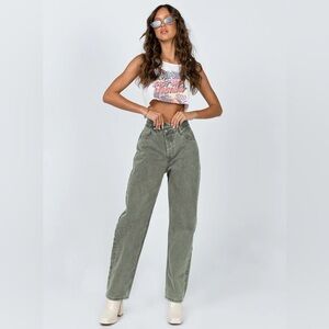Princess Polly Holly Asymmetric Straight Leg Jean Green Denim